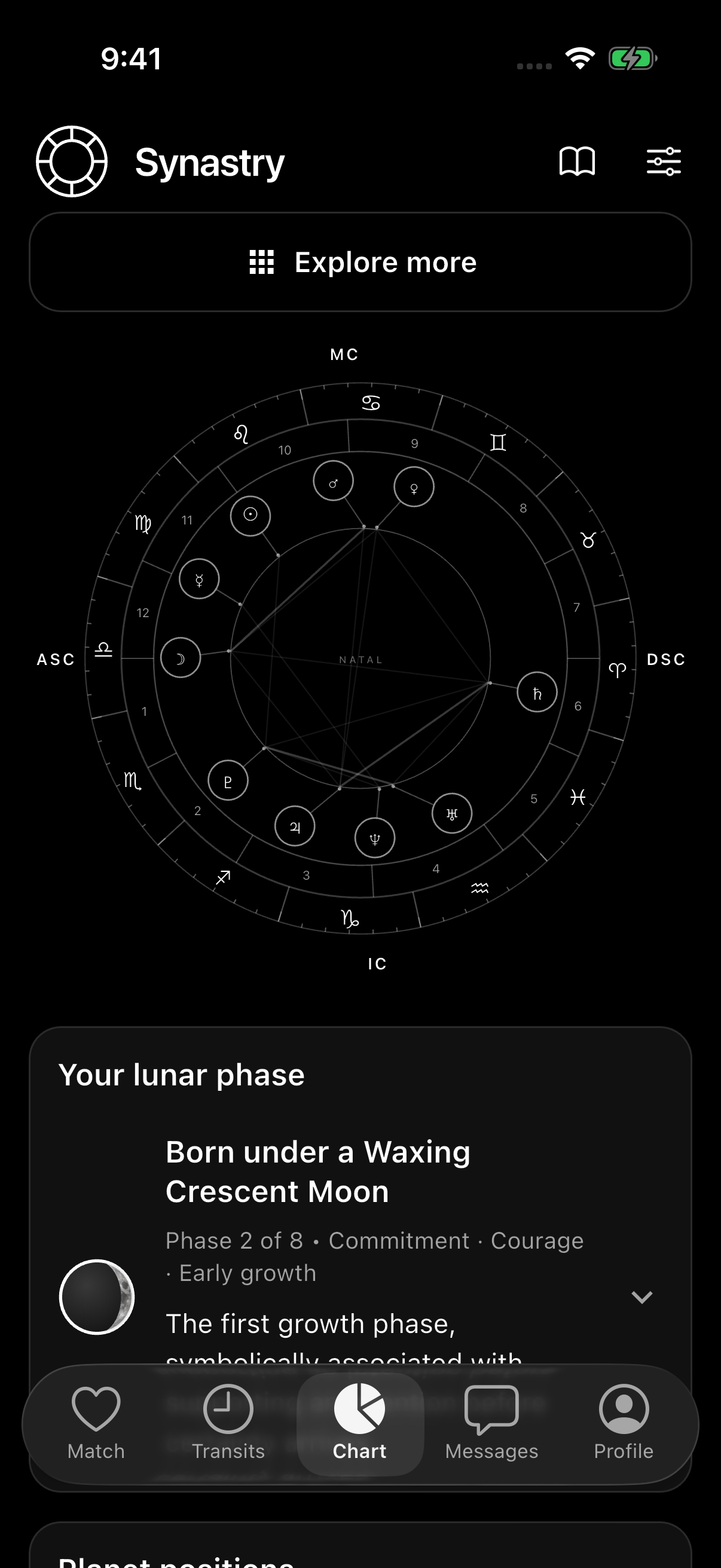 Synastry personal Chart screen with a fictional birth chart and the app navigation.
