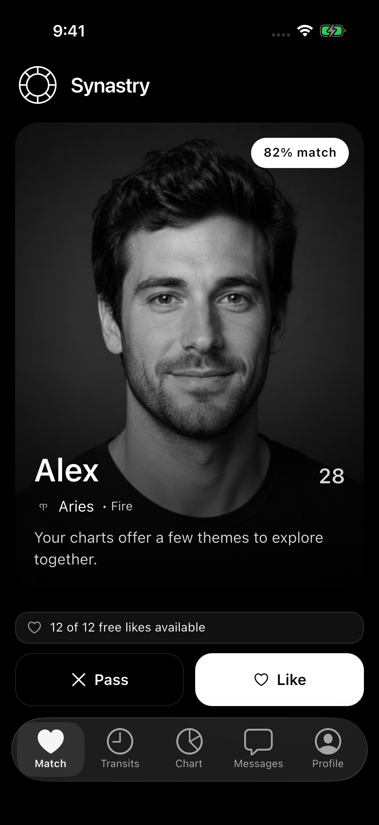 Synastry Match screen with Alex’s fictional profile, an illustrative 82% match badge, Pass and Like controls, and the app navigation.