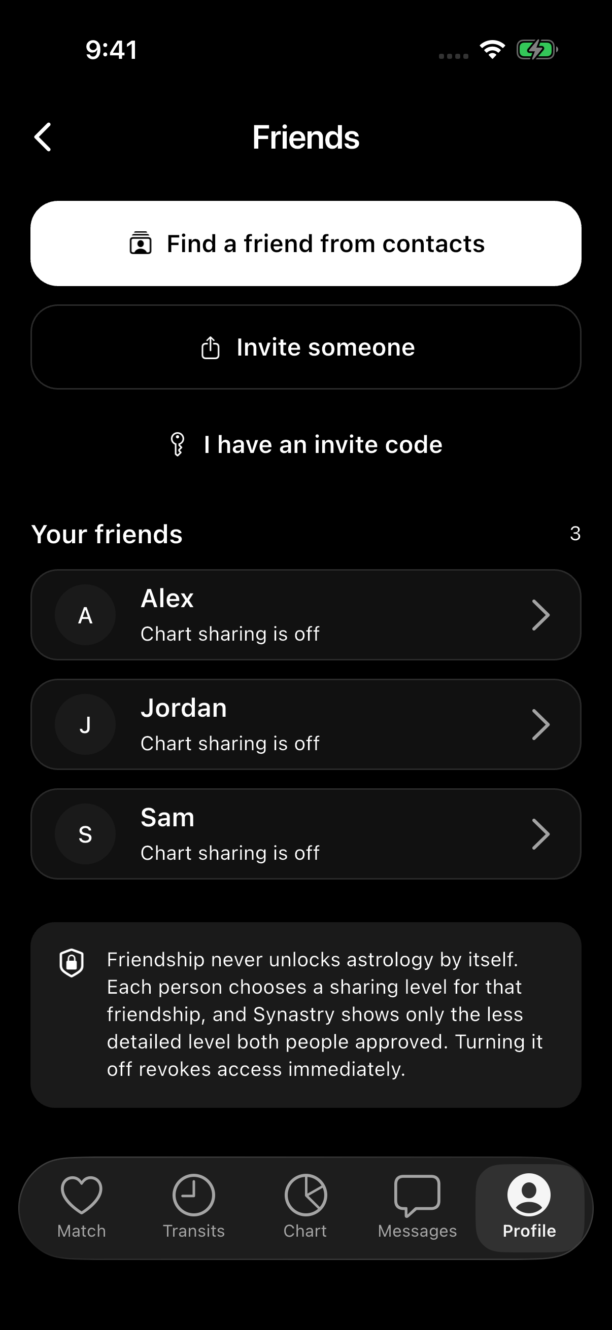 Synastry Friends screen with fictional friends and the app navigation.